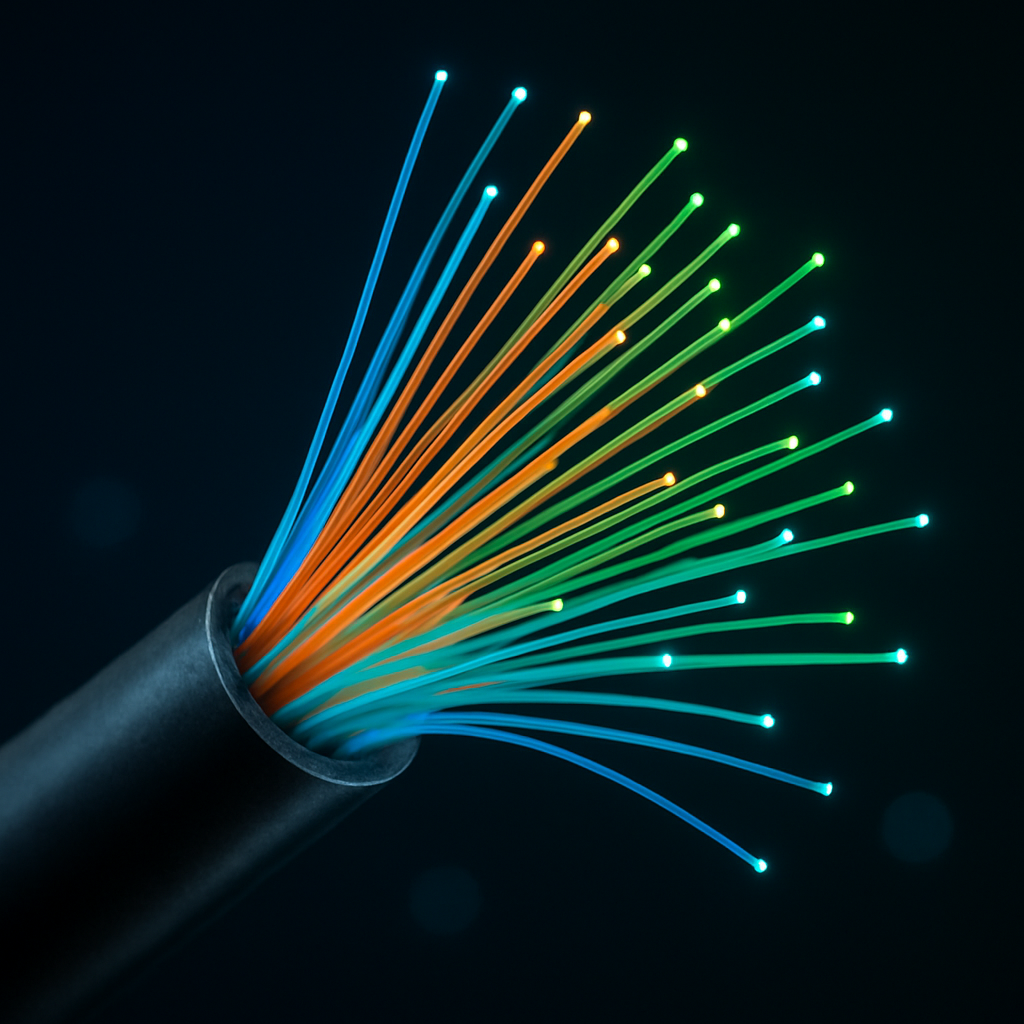 Cabo de fibra óptica aberto mostrando os filamentos coloridos