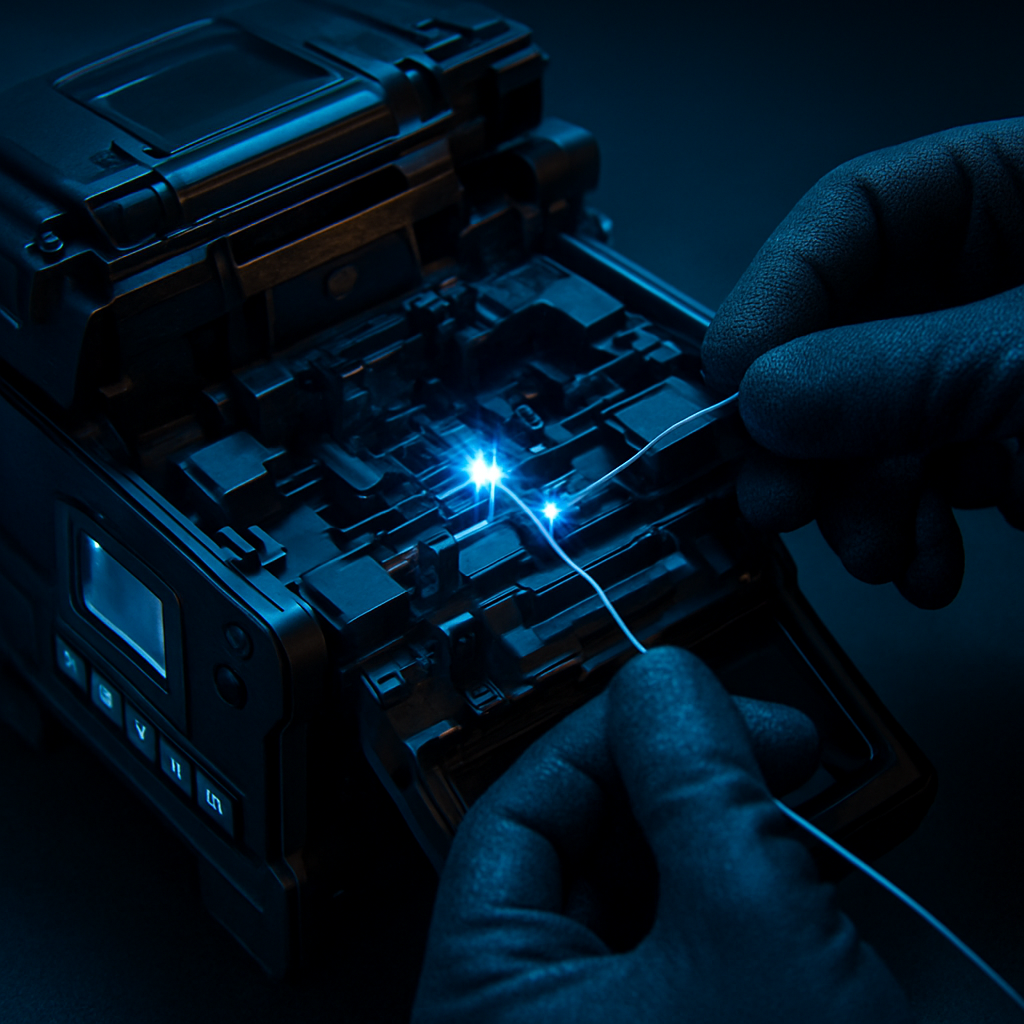 Técnico realizando fusão de fibra óptica com máquina de fusão profissional
