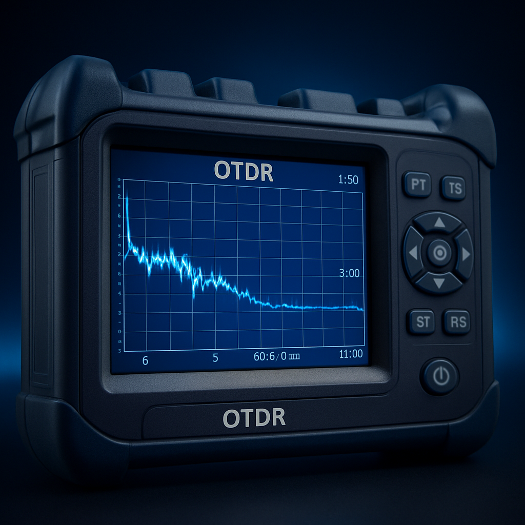 Equipamento OTDR exibindo medição óptica